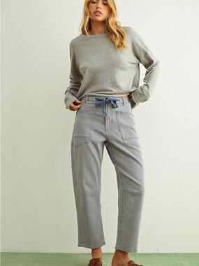 Miou Muse Striped Washed Barrel Pants Drawstring Utility Cargo Green Cream M